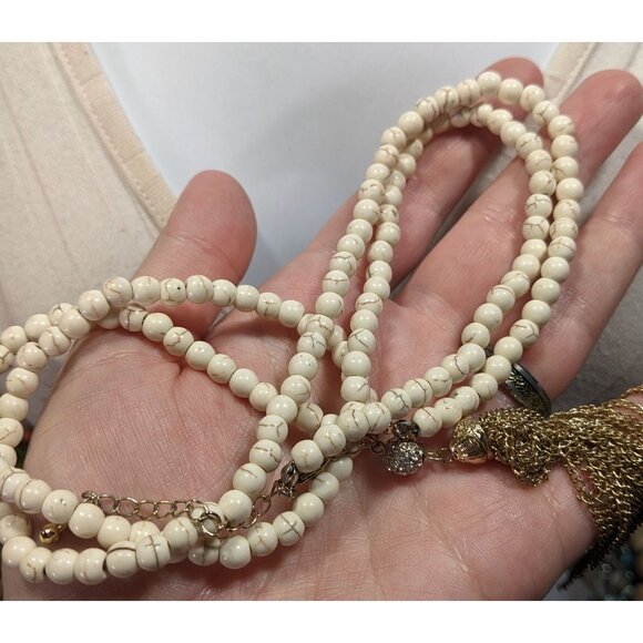 Boho Chic Howlite Beaded Necklace With Gold Tone Tassel And Rhinestone Accents - Picture 6 of 6